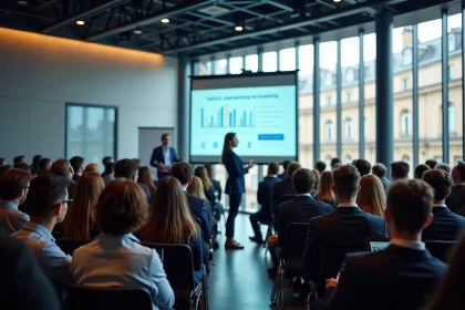 Conférence digitale professionnelle à Paris avec une présentatrice devant un écran de projection dans une salle moderne