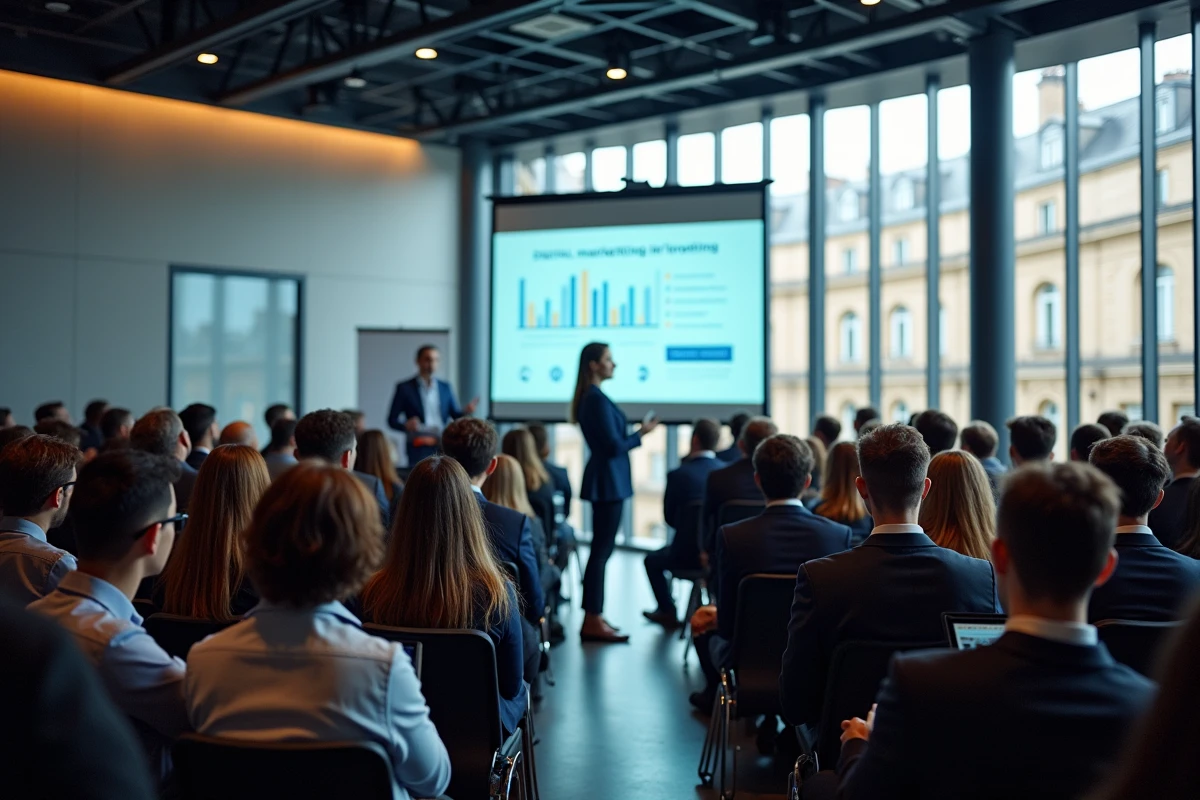 Conférence digitale professionnelle à Paris avec une présentatrice devant un écran de projection dans une salle moderne