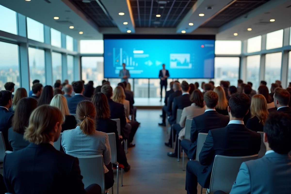 Salle de conférence marketing à Paris avec des professionnels attentifs écoutant un intervenant devant un écran de présentation numérique