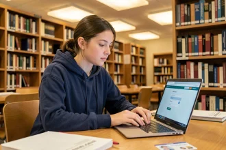 Étudiante configurant son adresse mail universitaire UT2J sur un ordinateur portable dans une bibliothèque universitaire