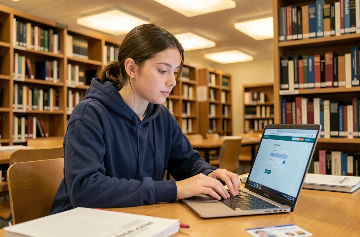 Étudiante configurant son adresse mail universitaire UT2J sur un ordinateur portable dans une bibliothèque universitaire