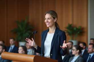 Femme confiante parlant lors d'une conférence professionnelle