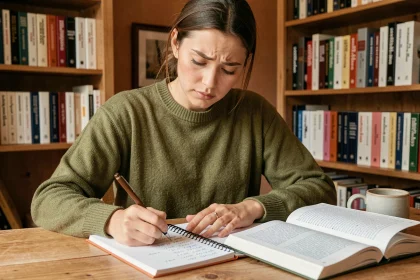 Jeune femme écrivant des conjugaisons espagnoles dans un cahier à son bureau à domicile