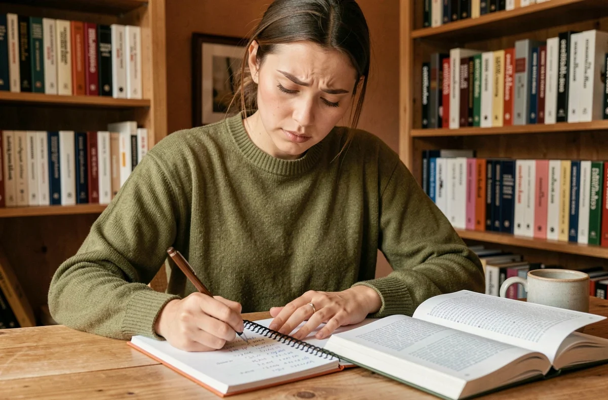 Jeune femme écrivant des conjugaisons espagnoles dans un cahier à son bureau à domicile