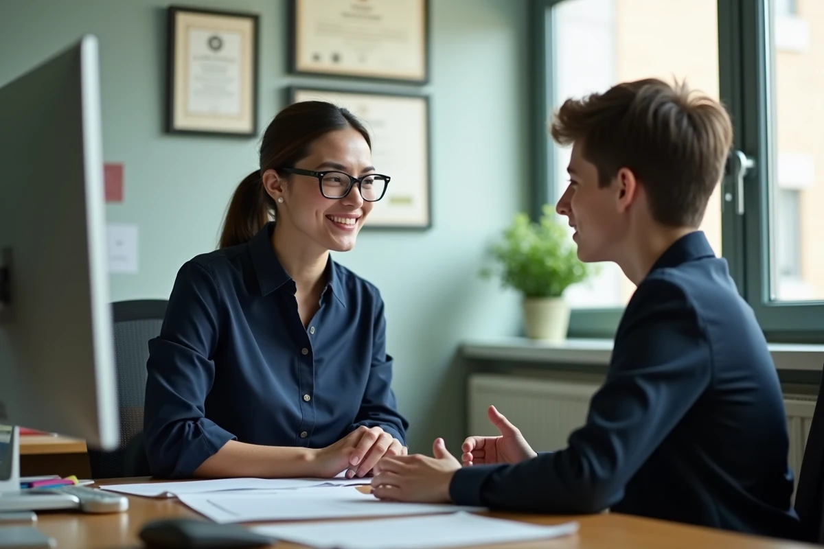 Conseillère universitaire aidant un étudiant à utiliser les services en ligne de l'ENT ULHN dans un bureau administratif