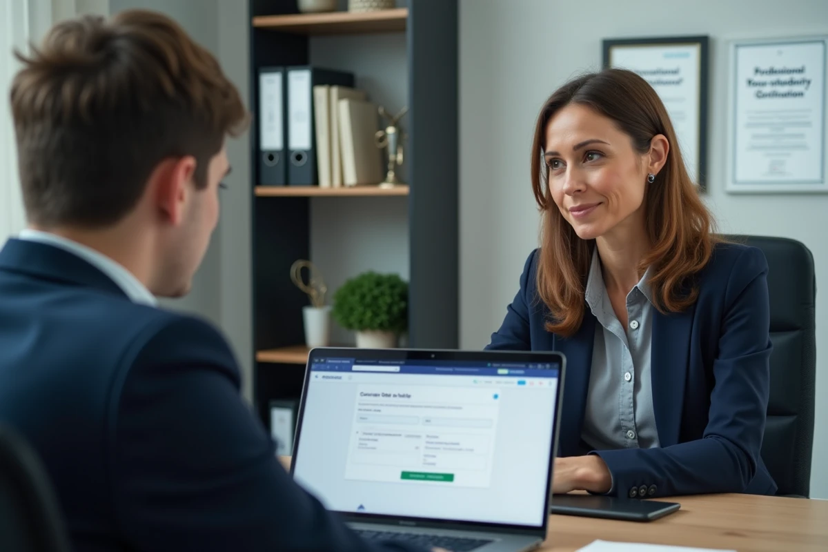 Conseillère en formation BTP présentant les options de financement à un apprenti sur ordinateur