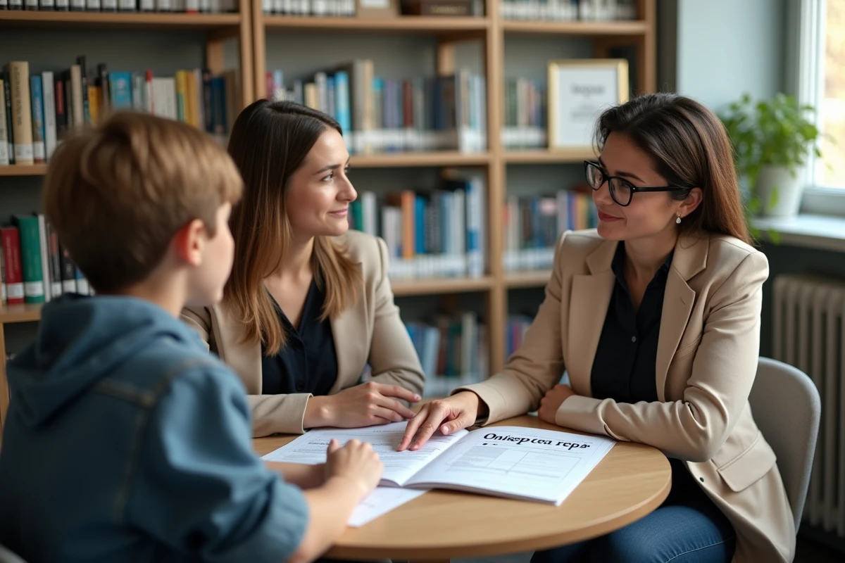 Conseillère d'orientation discutant des résultats du test Onisep avec un lycéen en entretien individuel