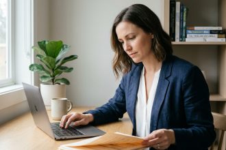 Consultante freelance calculant son salaire net à partir de son TJM sur un ordinateur portable dans un bureau à domicile moderne