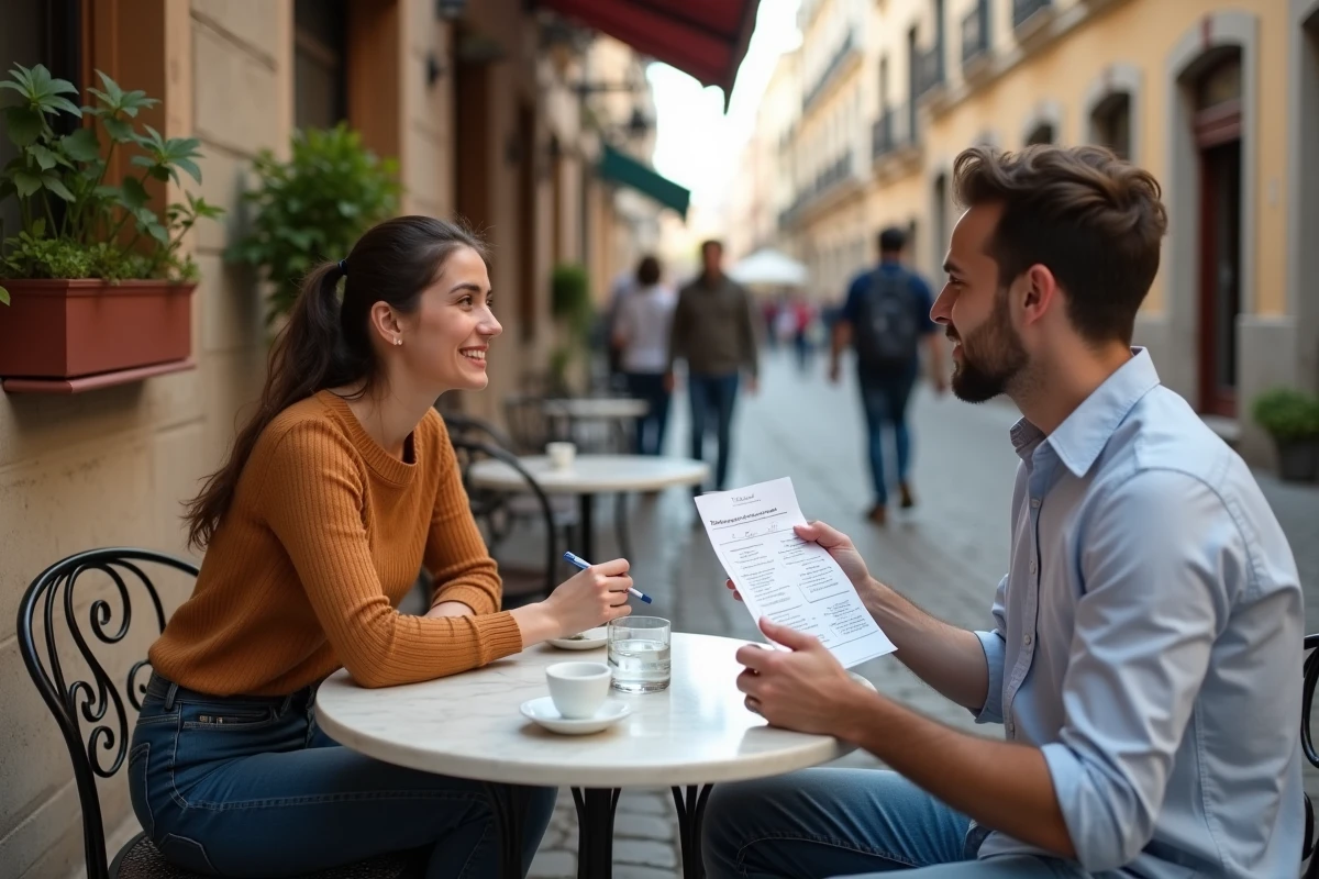 Deux adultes pratiquant la conversation en espagnol en terrasse de café, révisant ensemble le subjonctif imparfait avec des exercices imprimés