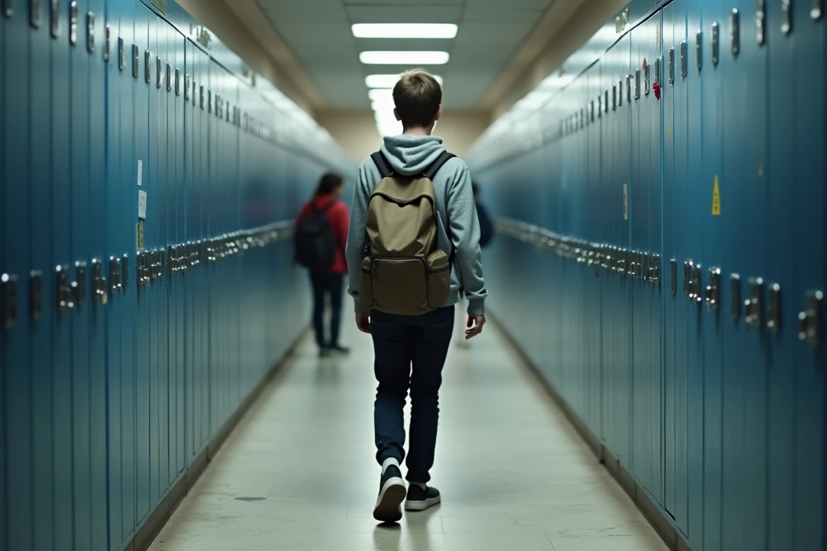 Couloir d'un grand lycée français avec un élève marchant entre les rangées de casiers