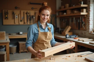 Instructrice en menuiserie tenant une planche de bois coupée en coupe longitudinale dans un atelier artisanal, montrant le grain du bois en détail