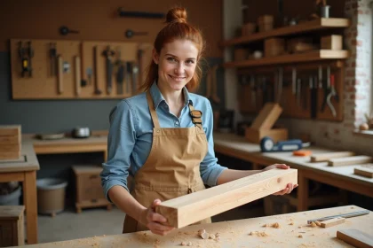Instructrice en menuiserie tenant une planche de bois coupée en coupe longitudinale dans un atelier artisanal, montrant le grain du bois en détail