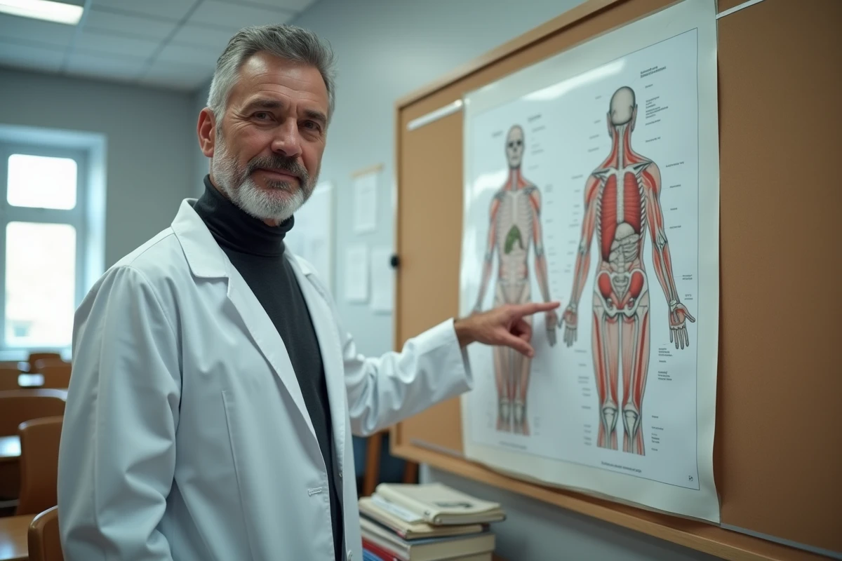 Professeur d'anatomie pointant un schéma de coupe transversale et longitudinale du corps humain dans une salle de cours universitaire