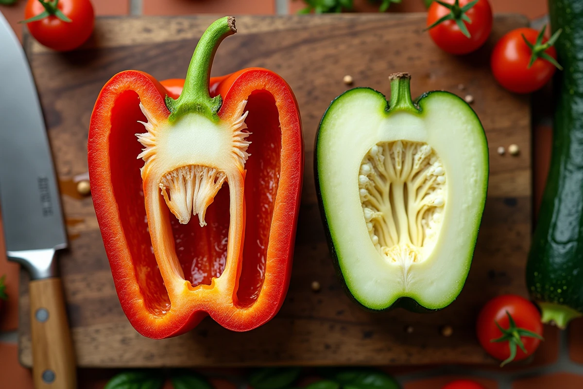 Coupe transversale d'un poivron rouge et d'une courgette tranchés posés sur une planche à découper en bois dans une cuisine rustique