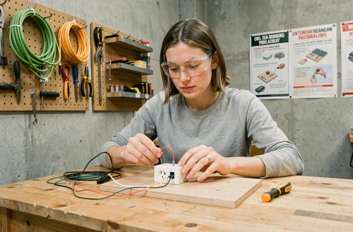 Femme débutante pratiquant le câblage d'une prise électrique sur un tableau d'entraînement dans un atelier de formation bricolage