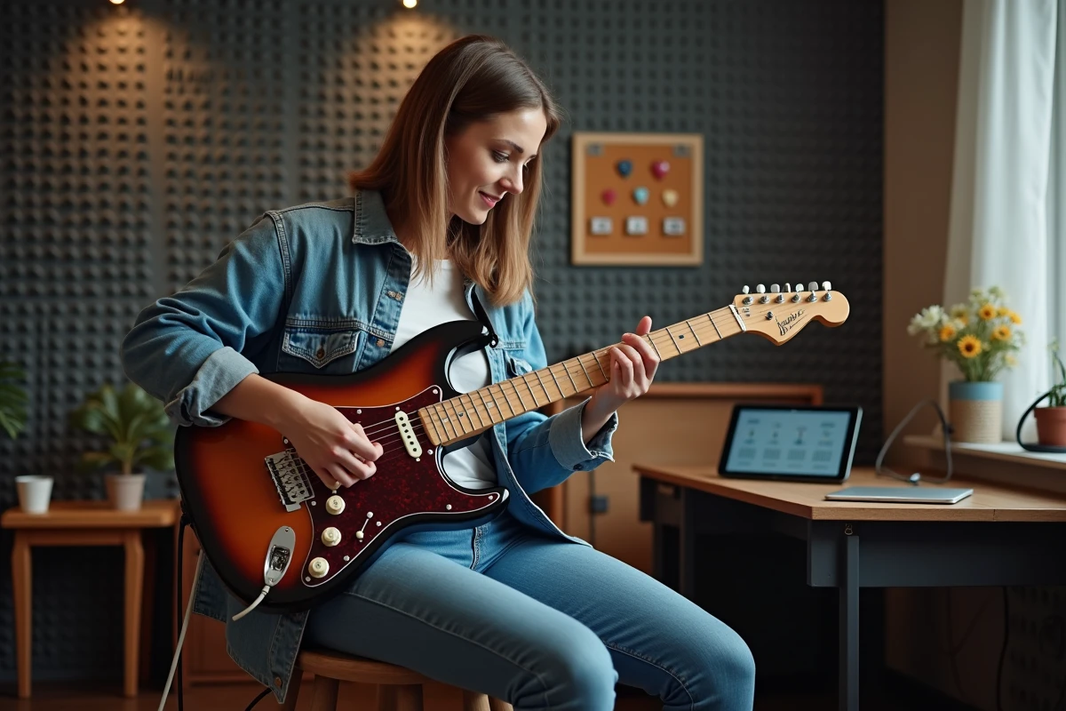 Femme jouant de la guitare électrique dans un studio maison pendant un cours de guitare en ligne