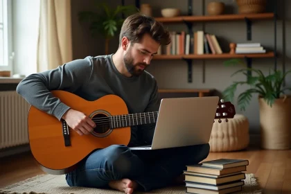 Homme apprenant la guitare acoustique en ligne depuis son salon, regardant un cours sur ordinateur portable