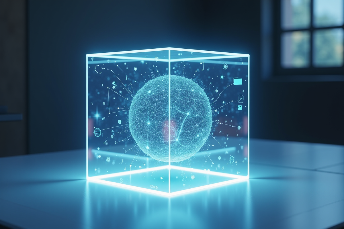 Cube lumineux avec projection holographique de modeles mathématiques