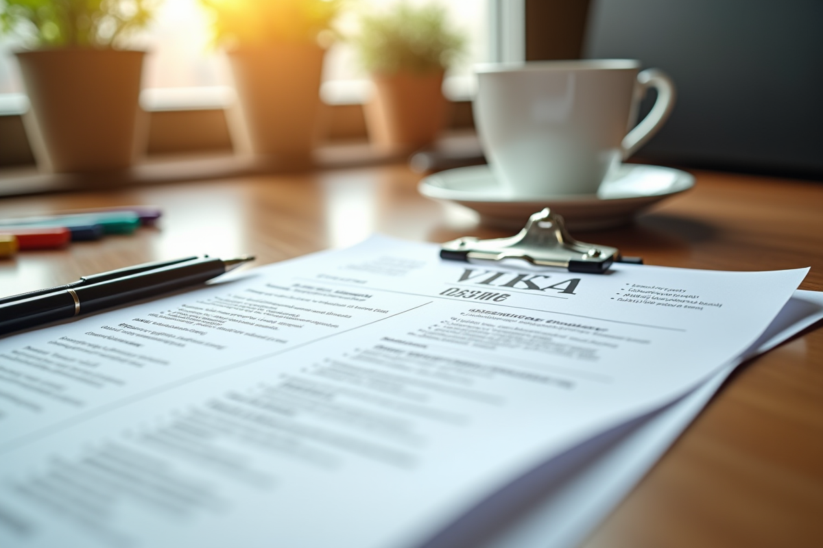 CV fraîchement imprimé sur bureau moderne ensoleille