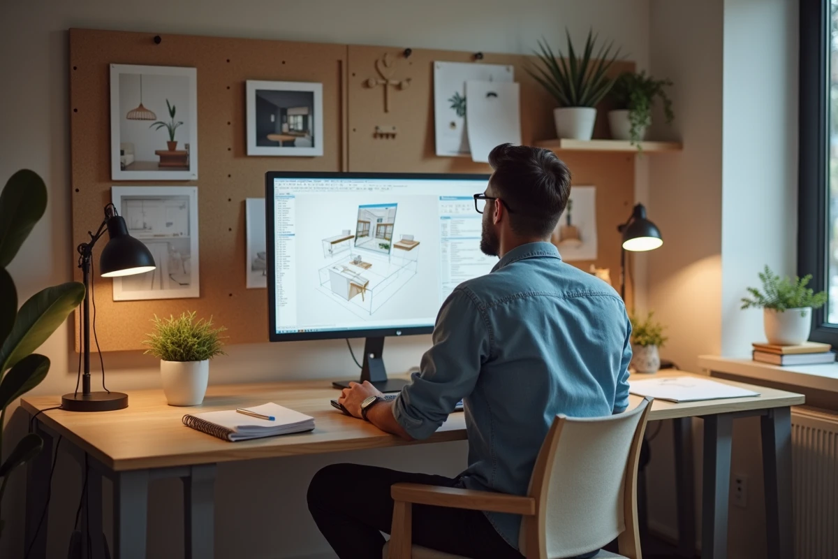 Décorateur indépendant travaillant sur ordinateur avec logiciel de décoration intérieure dans un home office