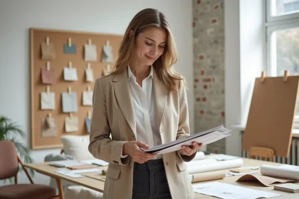 Jeune décoratrice d'intérieur diplômée présentant son book dans un studio de décoration professionnel