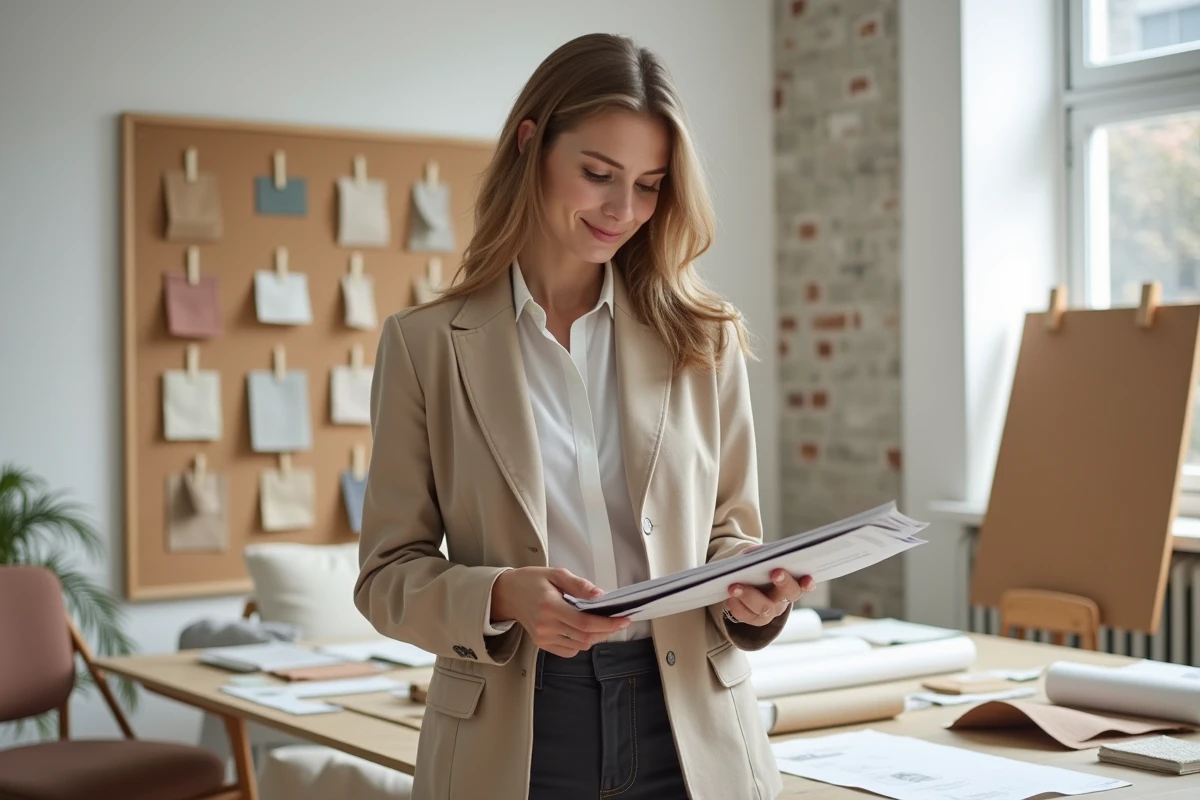 Jeune décoratrice d'intérieur diplômée présentant son book dans un studio de décoration professionnel
