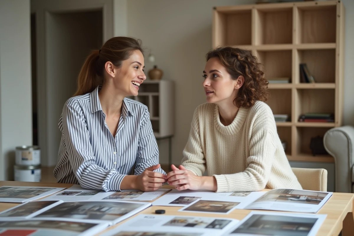 Deux décoratrices d'intérieur en consultation chez un client dans un appartement en cours de rénovation