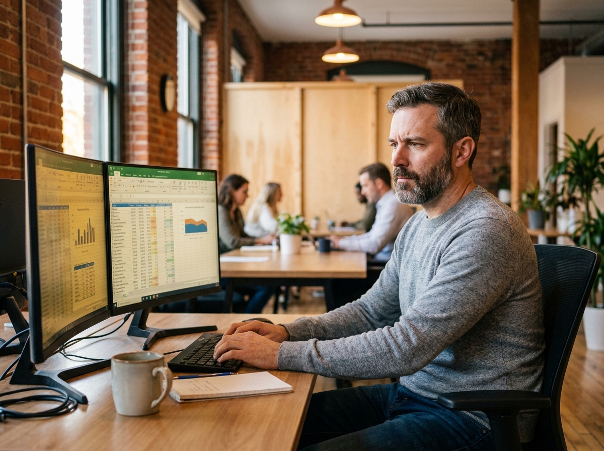 Développeur freelance analysant son taux journalier moyen et son salaire net sur des feuilles de calcul dans un espace de coworking