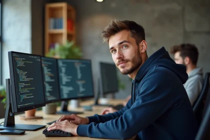 Jeune développeur web en alternance travaillant sur du code HTML et JavaScript dans un bureau tech moderne en 2026