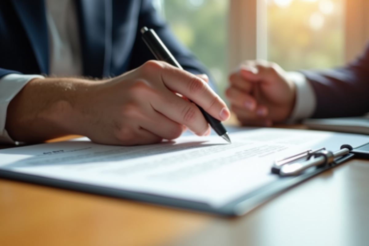 Mains échangeant des documents de formation sur un bureau en bois