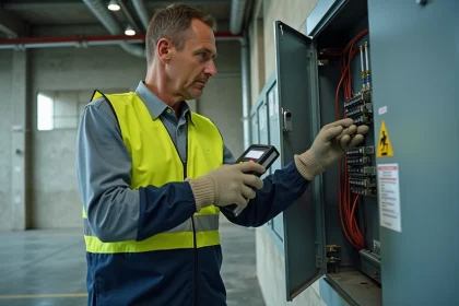 Électricien certifié Habilec7 inspectant un tableau électrique industriel avec des gants isolants