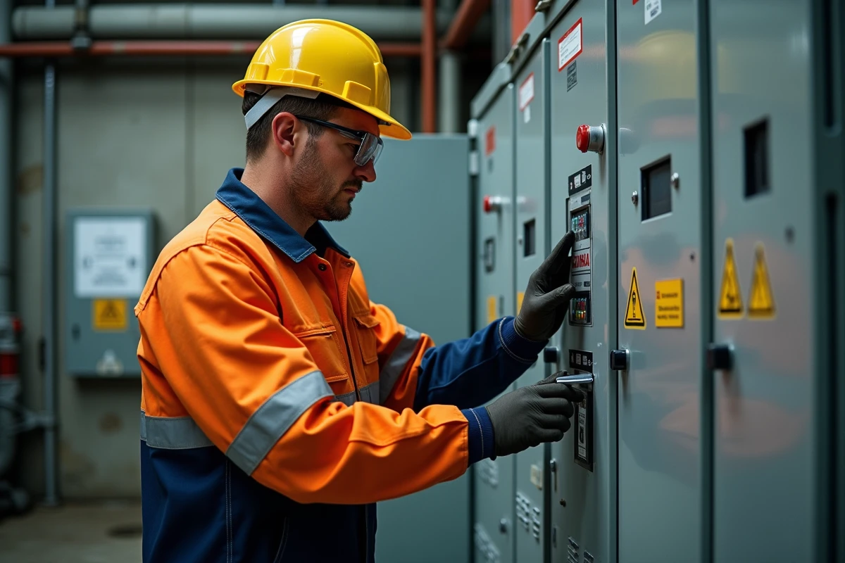 Électricien en tenue de protection arc flash inspectant un tableau haute tension dans une installation industrielle, formation habilitation électrique H7
