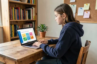 Élève de collège utilisant la plateforme Educ de Normandie sur un ordinateur portable dans sa chambre pour assurer la continuité pédagogique en cas d'absence