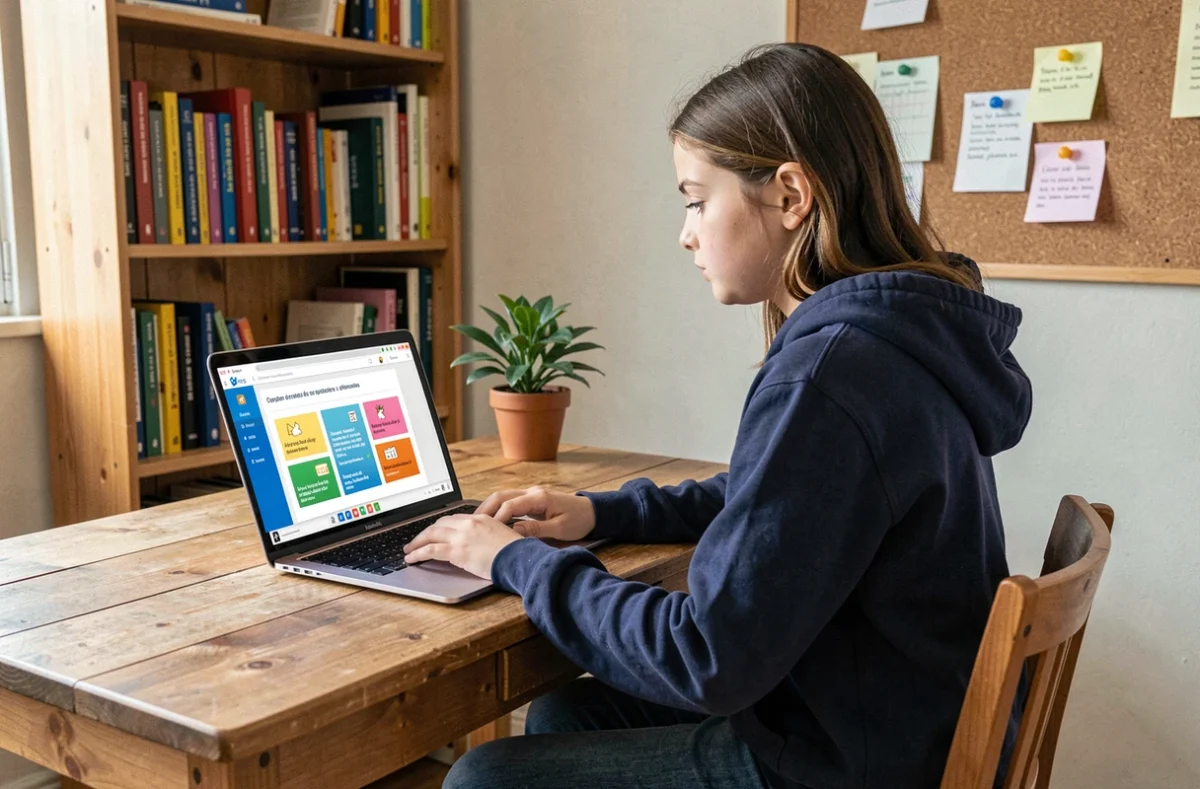 Élève de collège utilisant la plateforme Educ de Normandie sur un ordinateur portable dans sa chambre pour assurer la continuité pédagogique en cas d'absence