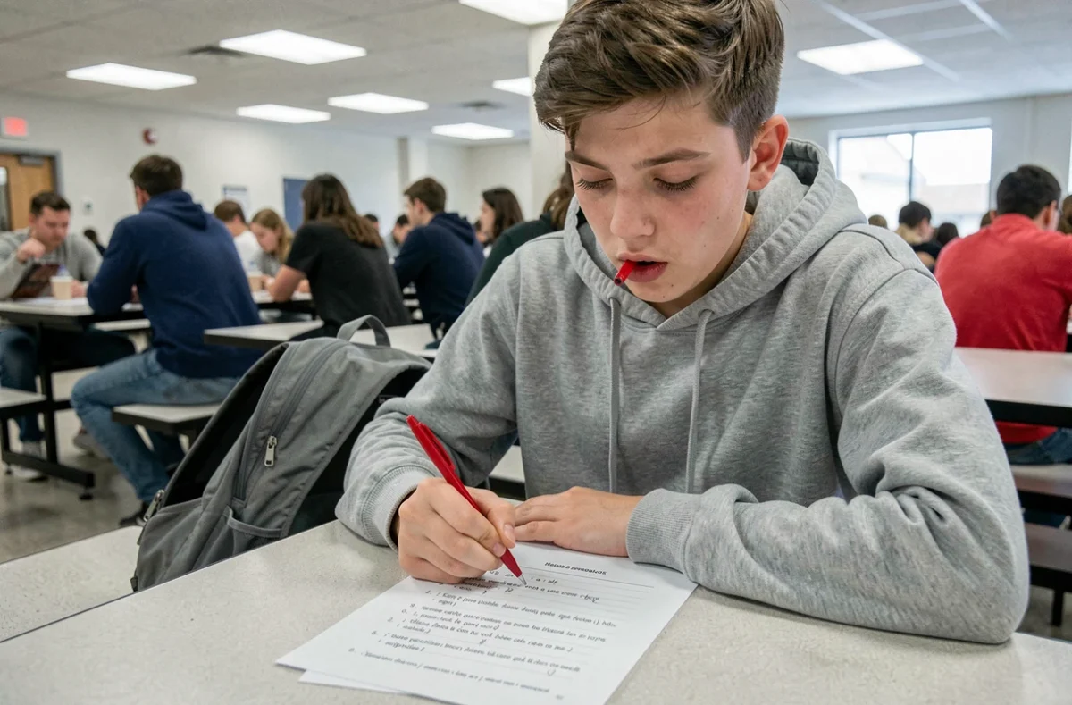 Adolescent révisant un exercice de conjugaison du passé simple sur une feuille de grammaire française à la cafétéria scolaire