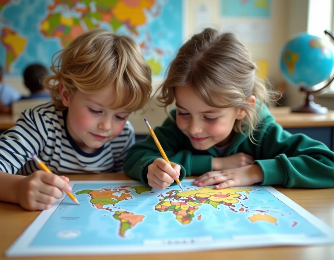 Deux élèves de primaire complétant ensemble un planisphère imprimé en A4 avec des crayons lors d'un cours de géographie