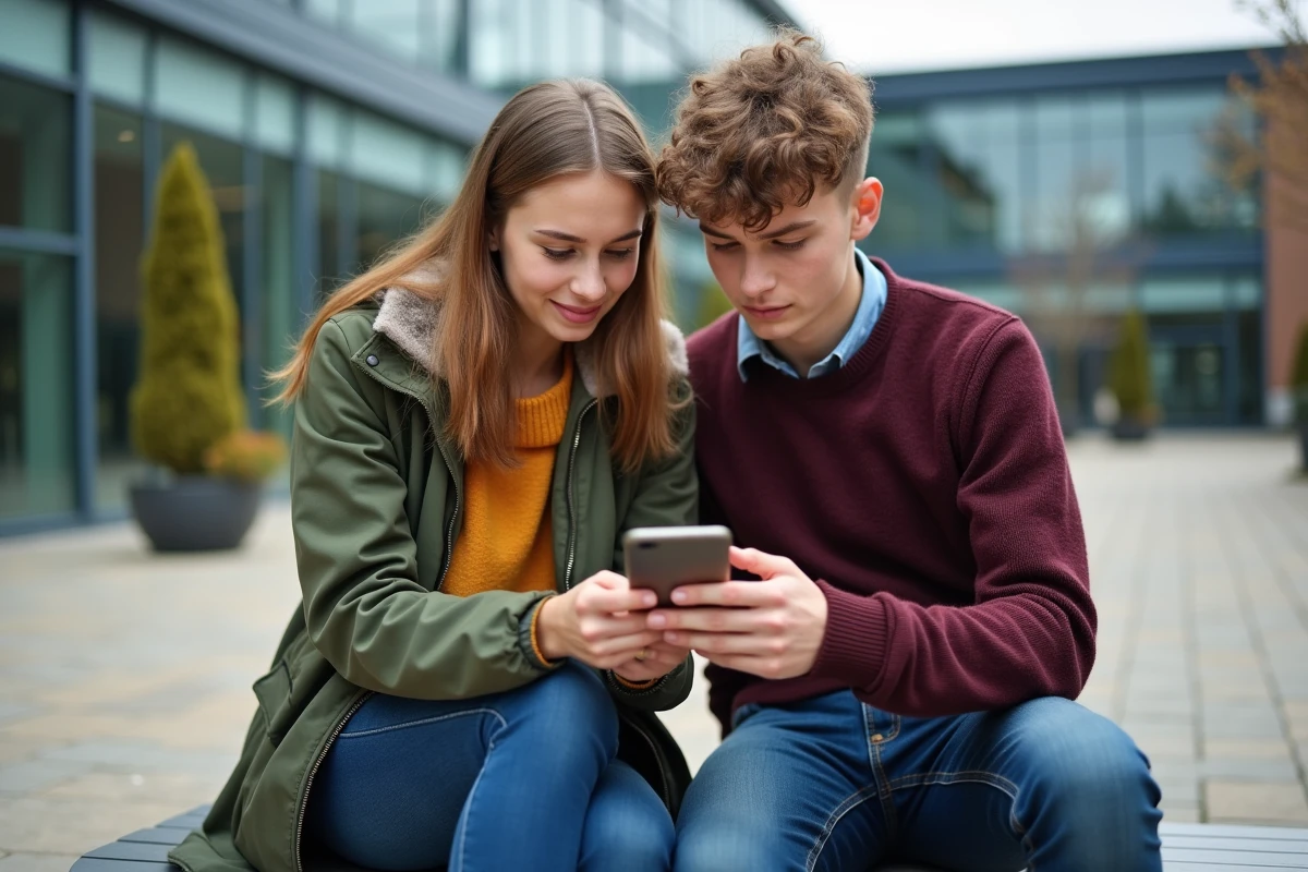 Deux lycéens consultant ensemble l'ENT Île-de-France sur smartphone dans la cour de leur lycée