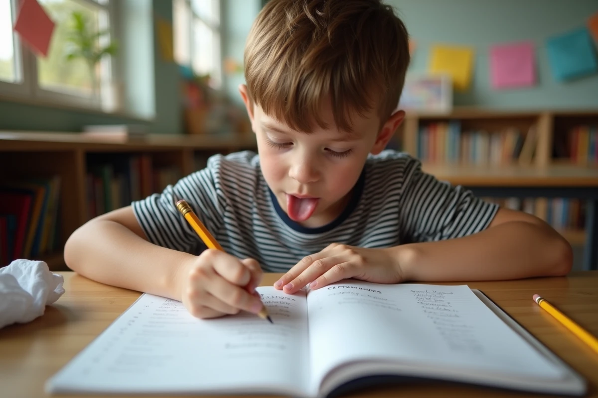 Enfant en train d'écrire des conjugaisons de verbes du 2ème groupe dans son cahier