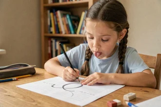 Jeune fille s'entraînant à écrire le Q majuscule attaché sur une fiche d'exercice ligné à la maison