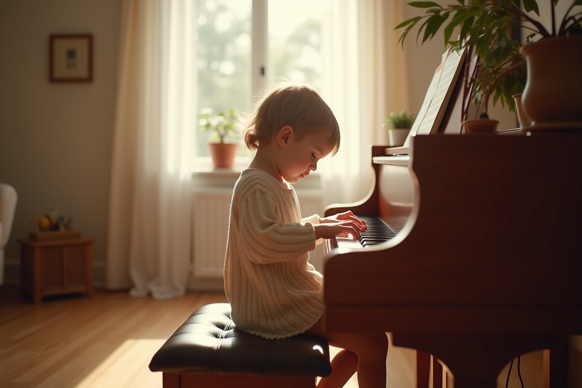 Jeune enfant jouant du piano avec un parent dans un salon lumineux