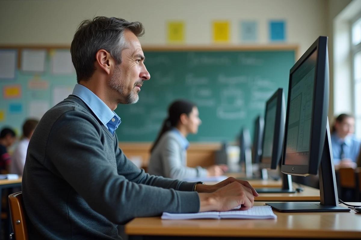 Professeur vérifiant les notes sur un ordinateur dans une classe