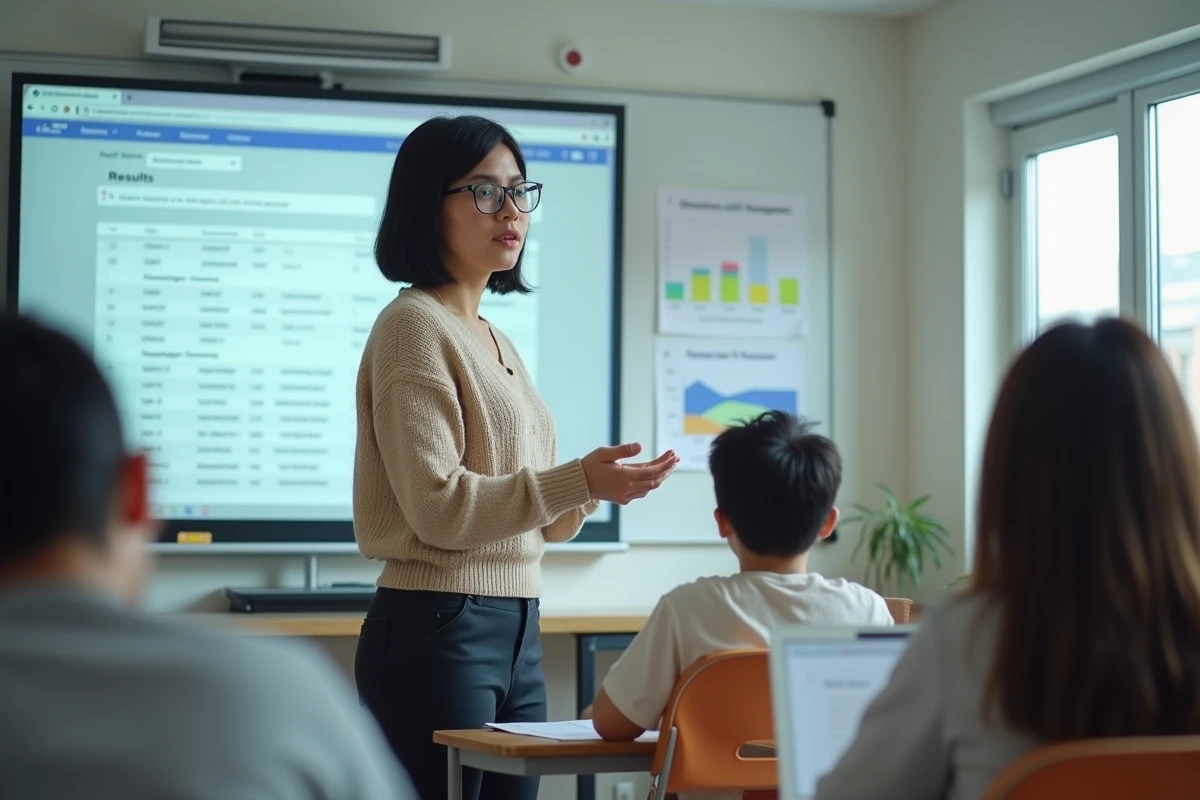 Enseignante montrant des r&eacute;sultats de tests dans une classe moderne