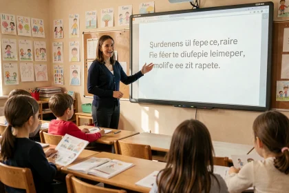 Enseignante de CE1 devant un tableau numérique projetant un texte de lecture pour une séance dynamique en classe