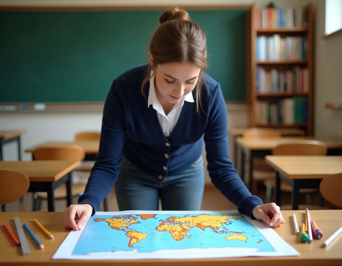 Enseignante déposant un planisphère vierge à compléter en format A3 sur un bureau de classe primaire entouré de crayons de couleur