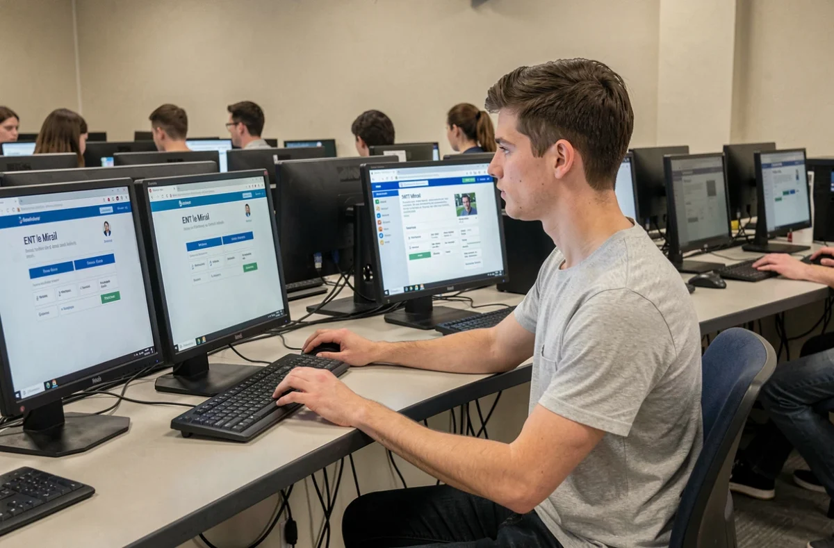 Étudiant utilisant un poste informatique en salle informatique universitaire pour accéder à l'ENT le Mirail UT2J