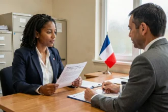 Femme d'origine nord-africaine lors d'un entretien de naturalisation dans une préfecture française, tenant un questionnaire officiel face à un fonctionnaire
