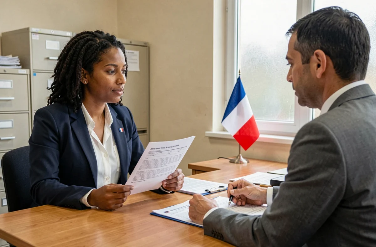 Femme d'origine nord-africaine lors d'un entretien de naturalisation dans une préfecture française, tenant un questionnaire officiel face à un fonctionnaire