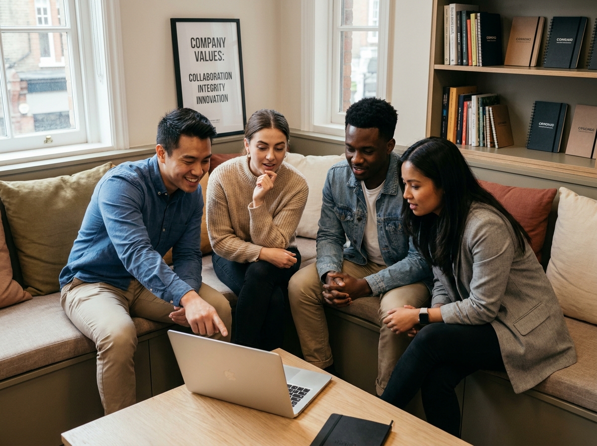 Équipe de jeunes professionnels analysant le contenu de la marque employeur ensemble autour d'un ordinateur portable