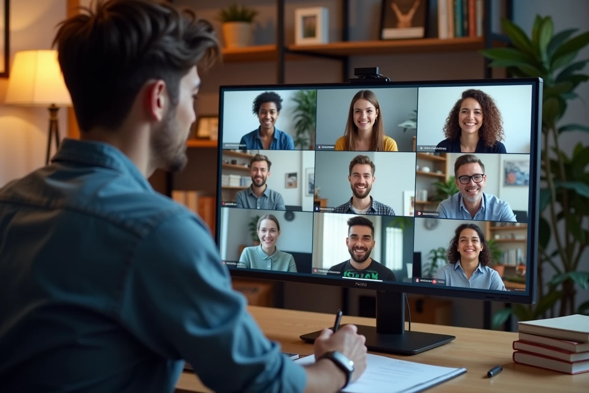 Equipe diversifiee en visioconference dans un espace home office