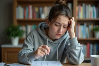 Jeune femme stressée révisant les 100 questions du code de la route à son bureau avec des notes éparpillées